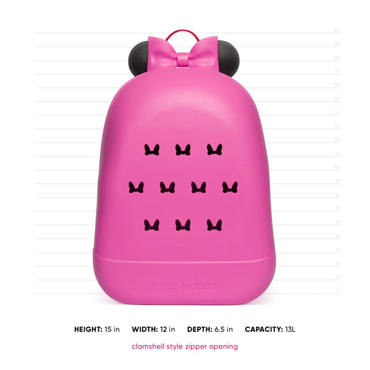 Hot pink Getaway Kids Backpack with black rounded ears, bright pink bow, and black bow-tie graphics, shown with measurement details