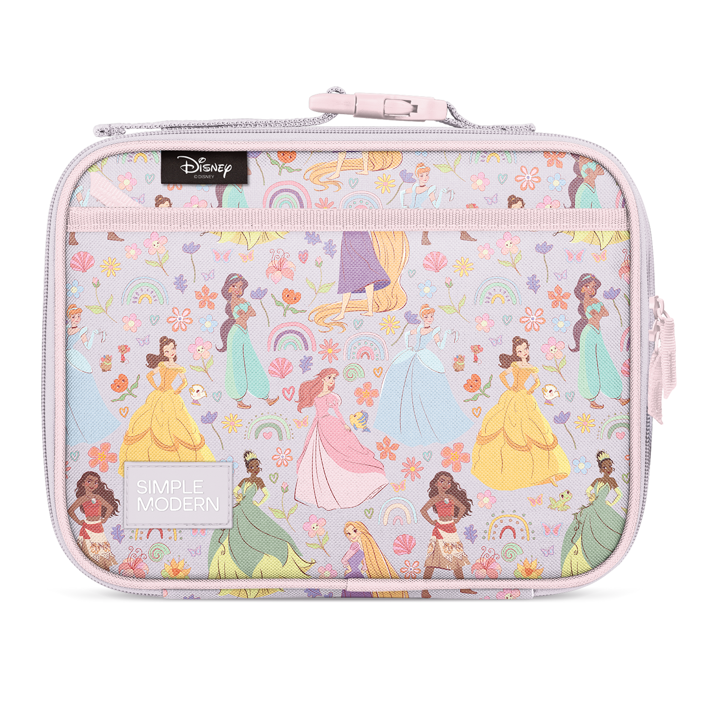 Soft pink insulated lunch container with light lavender-gray interior fabric lining, featuring pastel design elements in pale pink, light purple, and soft yellow tones.