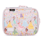 Soft pink insulated lunch container with light lavender-gray interior fabric lining, featuring pastel design elements in pale pink, light purple, and soft yellow tones.