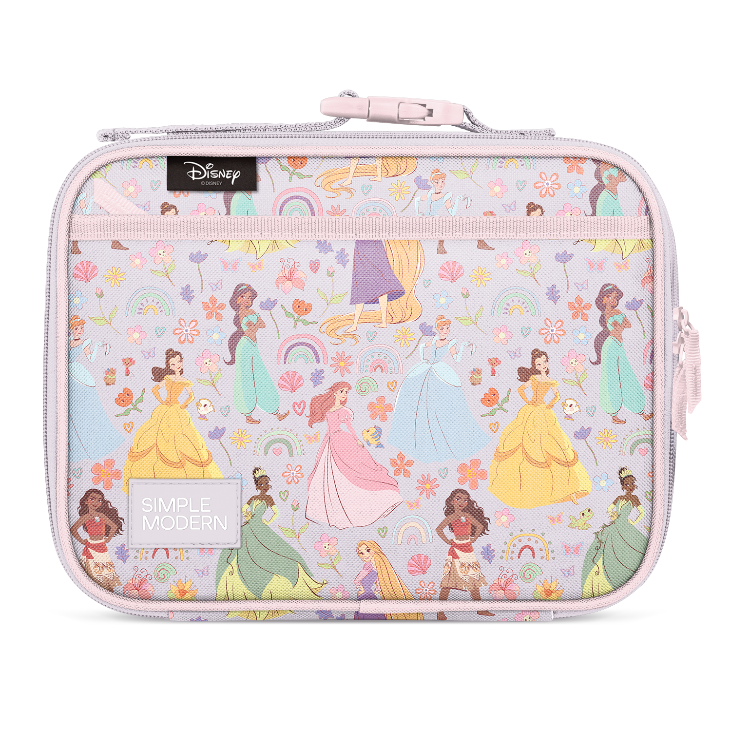Soft pink insulated lunch container with light lavender-gray interior fabric lining, featuring pastel design elements in pale pink, light purple, and soft yellow tones.
