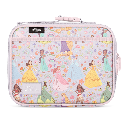 Soft pink insulated lunch container with light lavender-gray interior fabric lining, featuring pastel design elements in pale pink, light purple, and soft yellow tones.