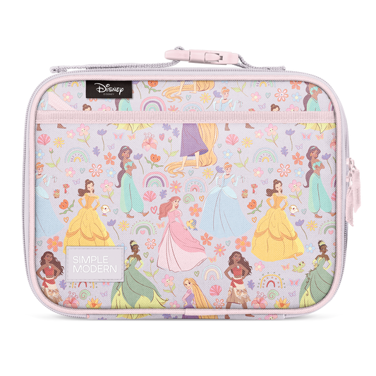 Soft pink insulated lunch container with light lavender-gray interior fabric lining, featuring pastel design elements in pale pink, light purple, and soft yellow tones.