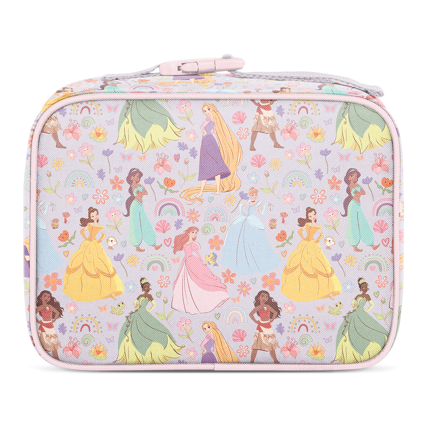 Lavender-purple lunch box with pastel pink trim, soft yellow, mint green, and coral pink accents