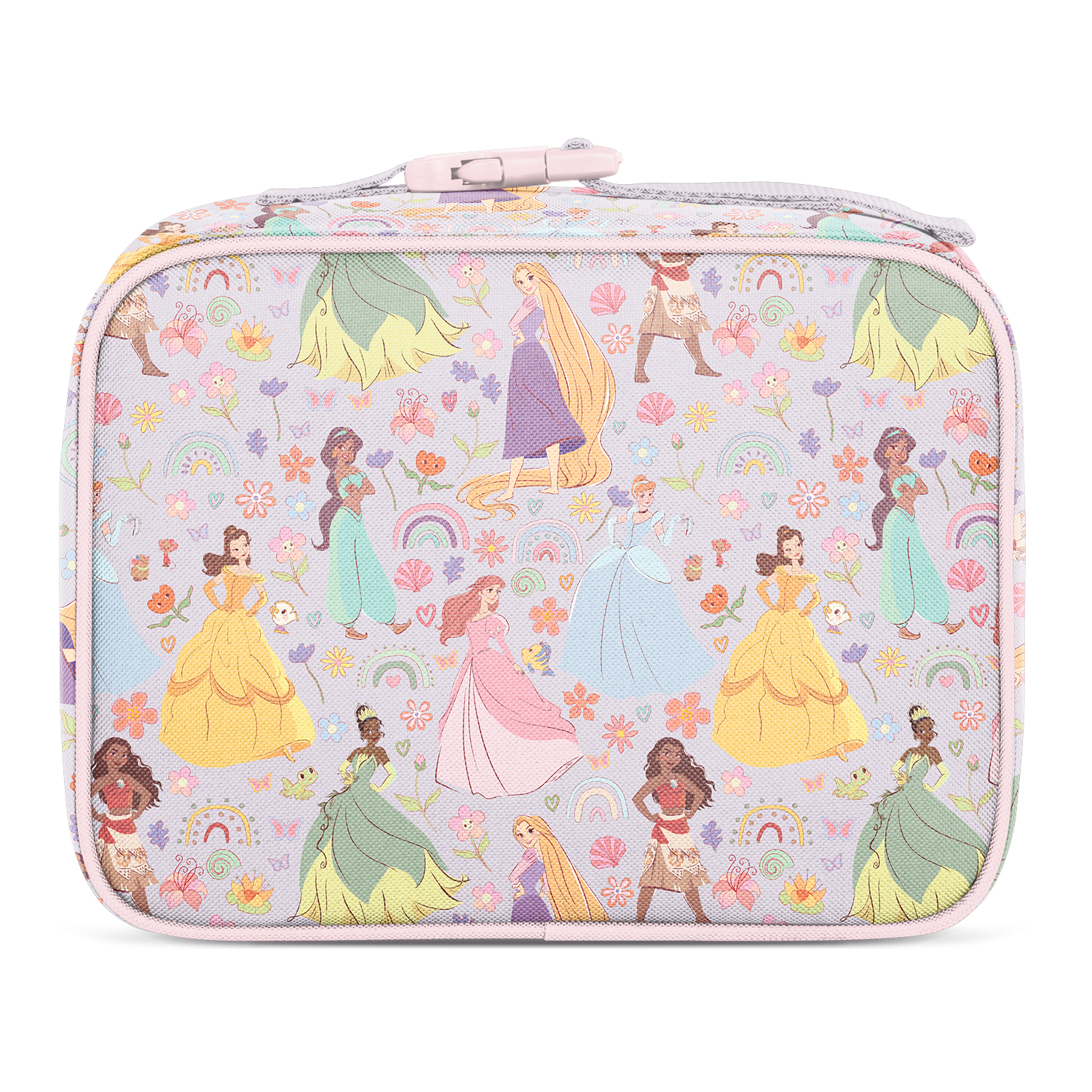Lavender-purple lunch box with pastel pink trim, soft yellow, mint green, and coral pink accents