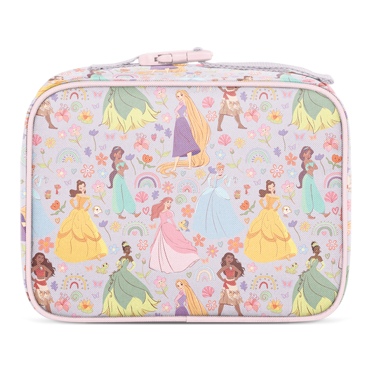 Lavender-purple lunch box with pastel pink trim, soft yellow, mint green, and coral pink accents