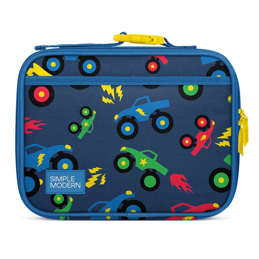 Navy blue kids lunch box by Simple Modern with colorful toy truck and rocket pattern, yellow carry handle and zipper pull, padded soft-sided design for insulated food storage.