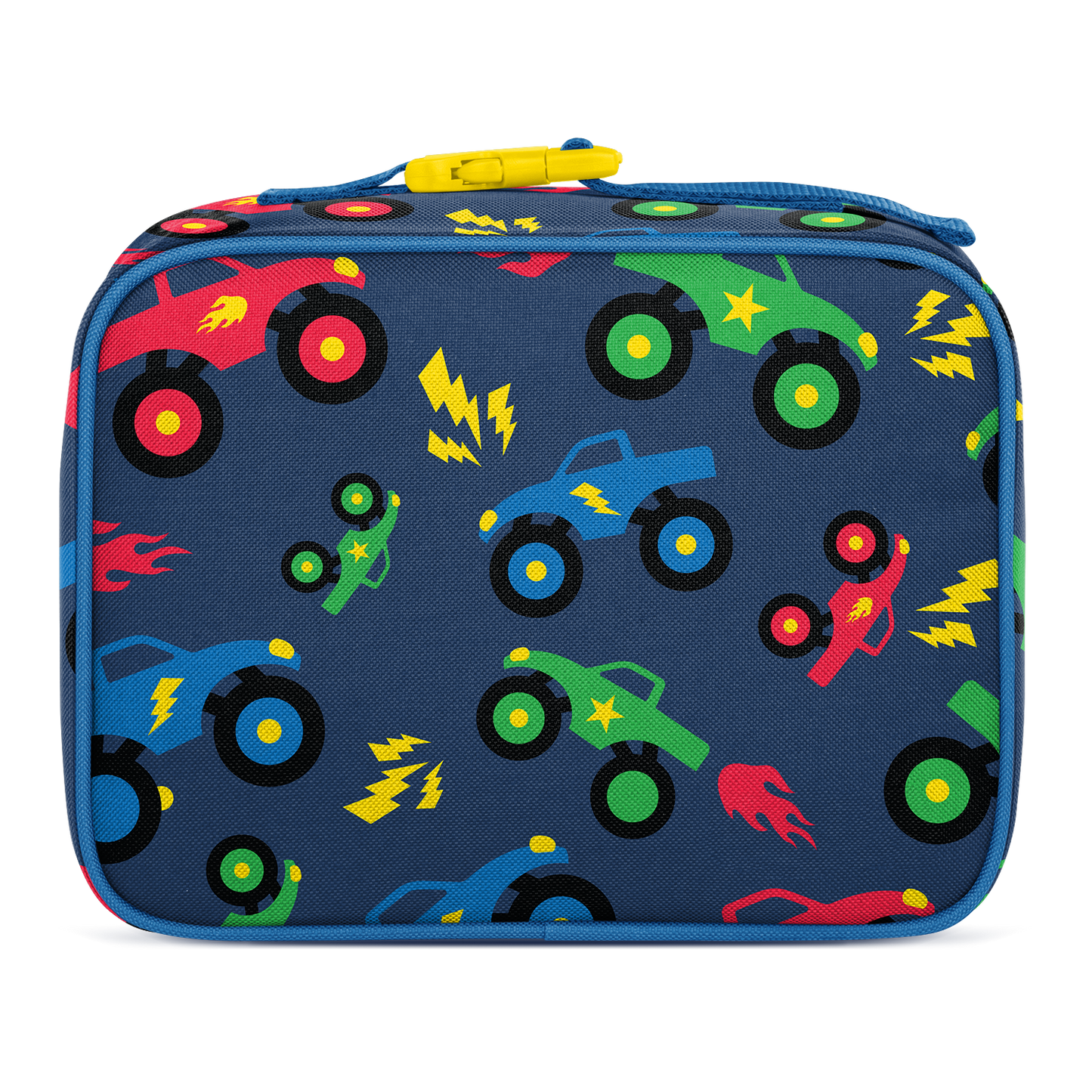 Navy blue insulated lunch box with colorful illustrated cars, lightning bolts, stars, and flames in red, green, and yellow. Features yellow carry handle and Simple Modern logo. Child-friendly design.