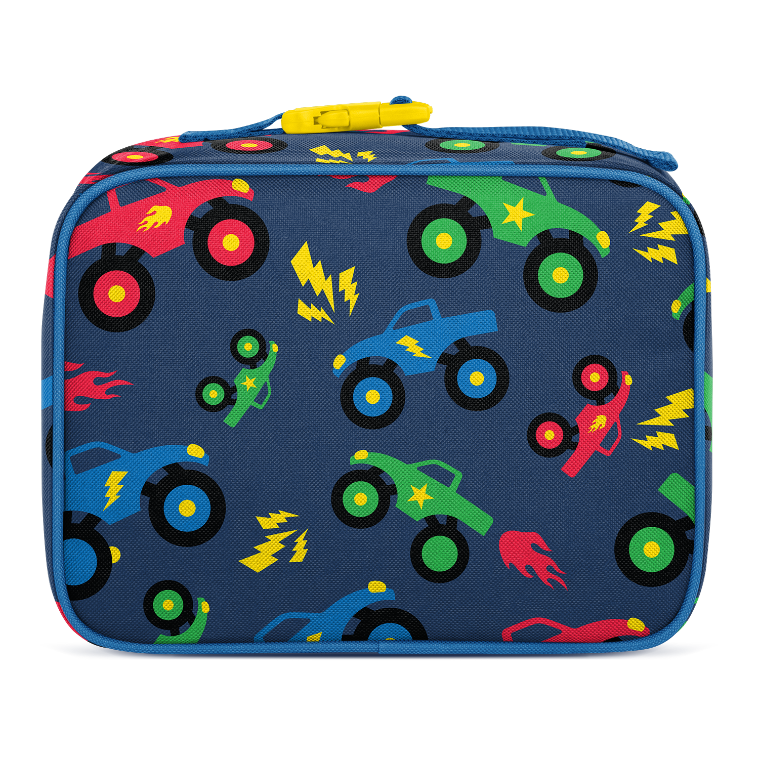 Navy blue insulated lunch box with colorful illustrated cars, lightning bolts, stars, and flames in red, green, and yellow. Features yellow carry handle and Simple Modern logo. Child-friendly design.