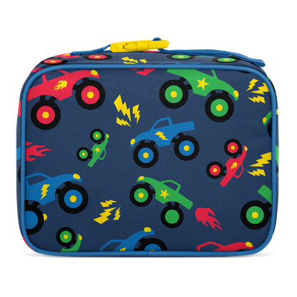 Navy blue insulated lunch box with colorful illustrated cars, lightning bolts, stars, and flames in red, green, and yellow. Features yellow carry handle and Simple Modern logo. Child-friendly design.