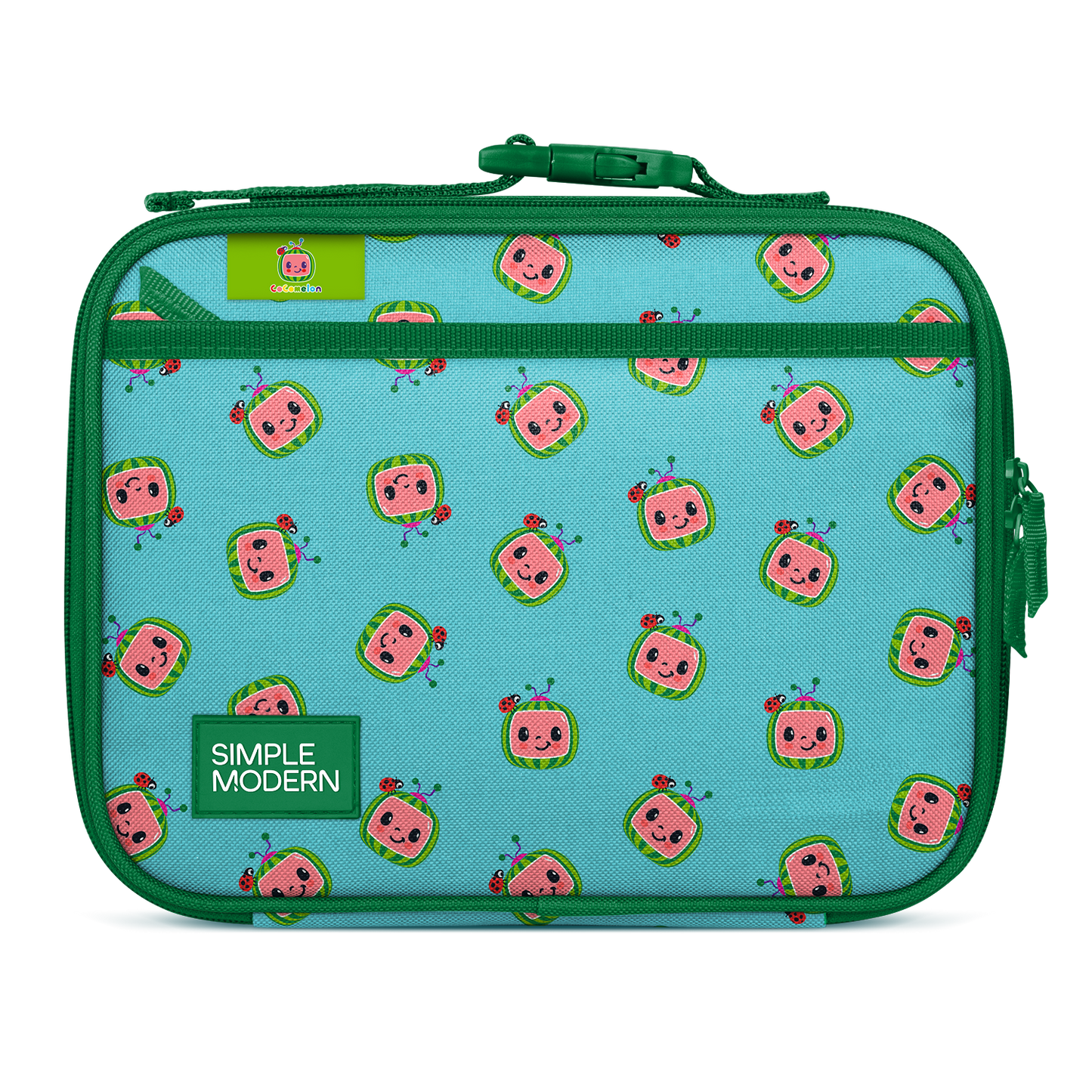 Turquoise lunch bag with forest green trim, border, and handles