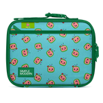 Turquoise lunch bag with forest green trim, border, and handles