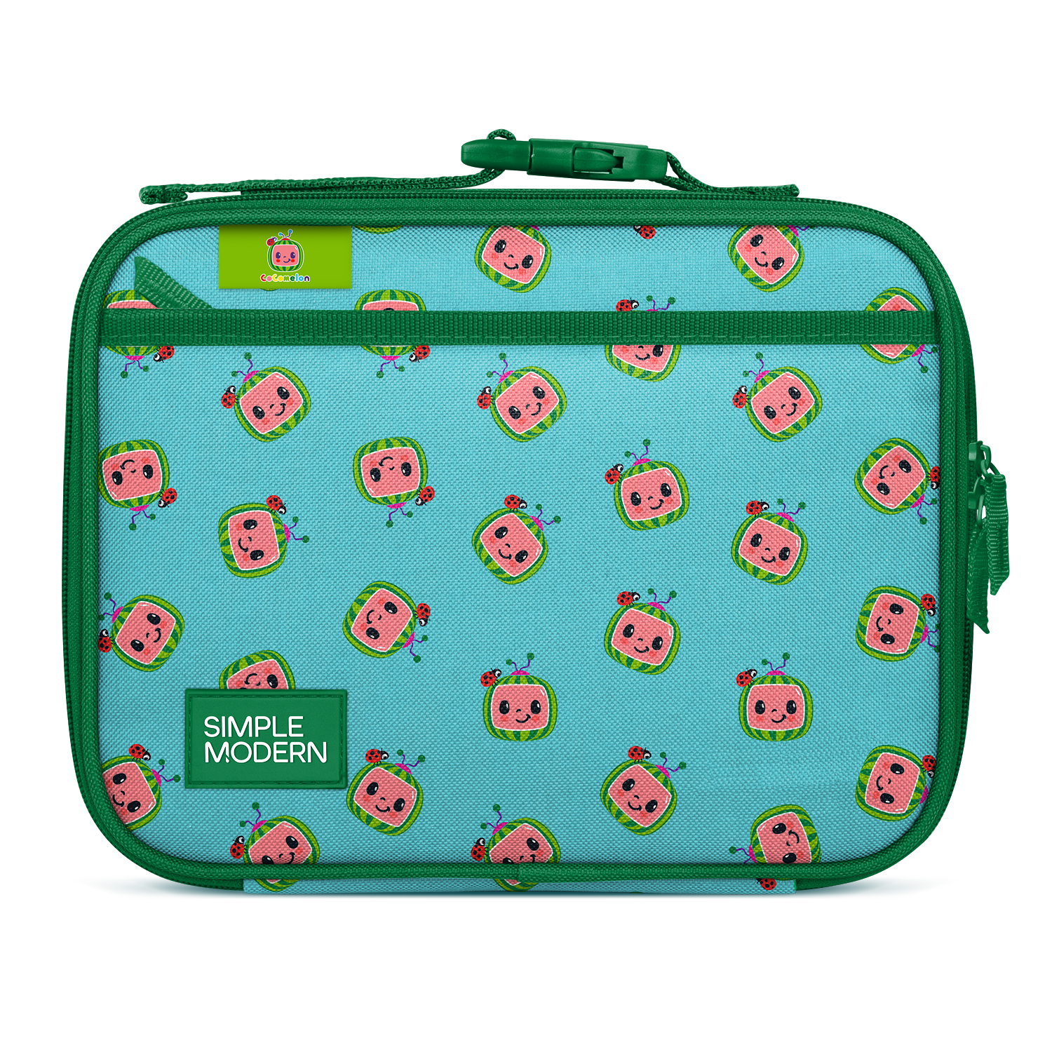 Turquoise lunch bag with forest green trim, border, and handles