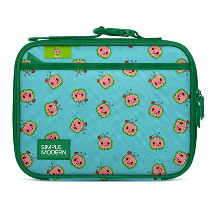 Turquoise lunch bag with forest green trim, border, and handles