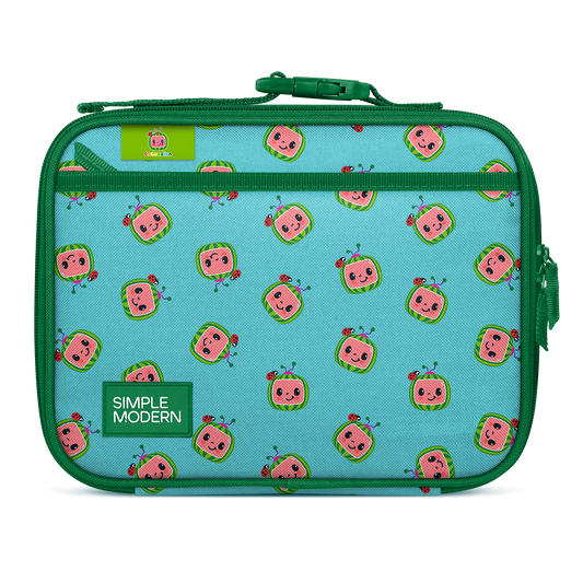 Turquoise lunch bag with forest green trim, border, and handles
