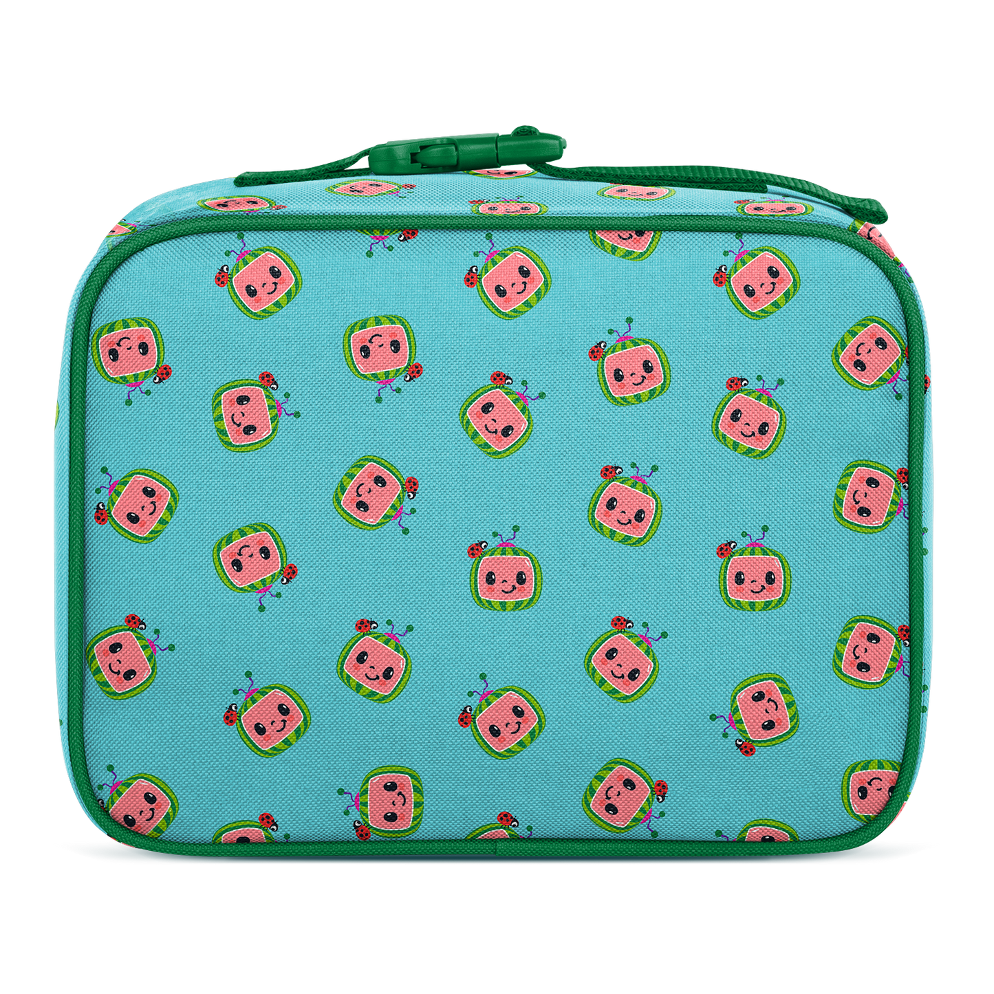 Turquoise blue insulated children's lunch box with white background, front view product shot