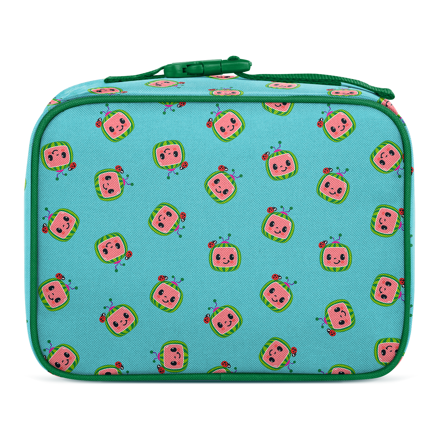 Turquoise blue insulated children's lunch box with white background, front view product shot