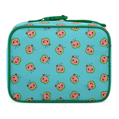 Turquoise blue insulated children's lunch box with white background, front view product shot