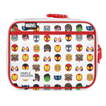 Red and white Marvel character lunch box with bright red zipper and trim, featuring vibrant character faces in red, yellow, and blue on light gray background.