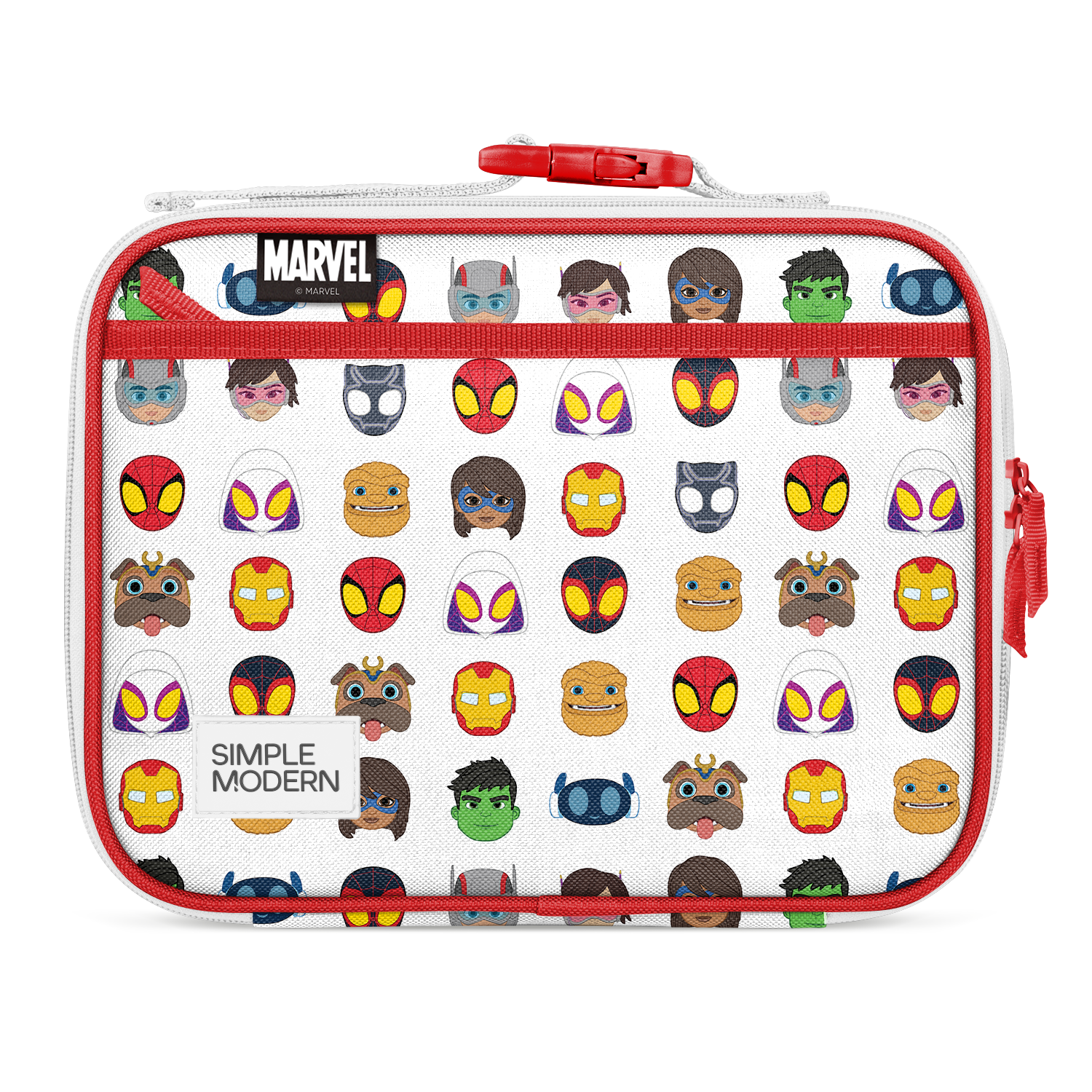 Red and white Marvel character lunch box with bright red zipper and trim, featuring vibrant character faces in red, yellow, and blue on light gray background.