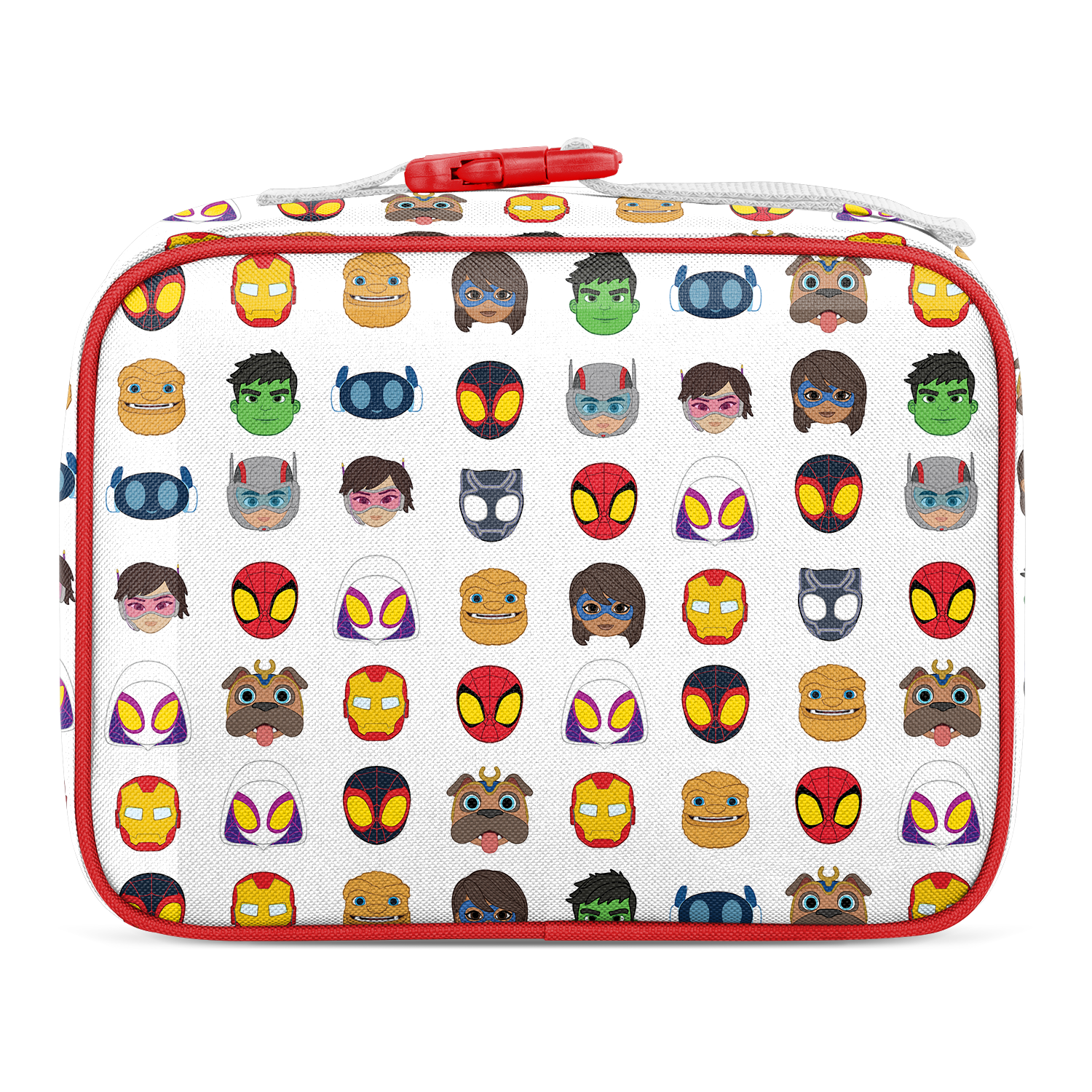 Red insulated lunch box with white embroidered front panel featuring colorful character heads design