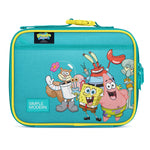 Turquoise insulated lunch box with SpongeBob SquarePants embroidered characters, yellow trim, detachable handle, and side zipper pocket. Features SpongeBob, Patrick, Squidward, Mr. Krabs, and Sandy Cheeks in celebratory