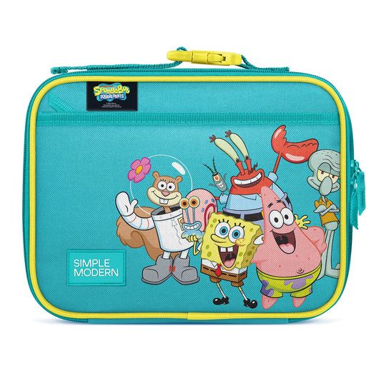 Turquoise insulated lunch box with SpongeBob SquarePants embroidered characters, yellow trim, detachable handle, and side zipper pocket. Features SpongeBob, Patrick, Squidward, Mr. Krabs, and Sandy Cheeks in celebratory