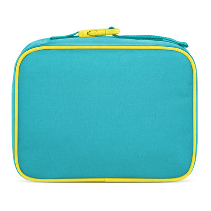 Turquoise insulated lunch bag with yellow zipper trim and handles, featuring a rectangular boxy shape with rounded corners, photographed against a white background.