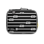 Black Star Wars soft-sided lunch box with gold zipper, gray carrying handle, and quilted padding. Features white Star Wars logo text with silver stripes and Simple Modern branding label.