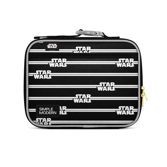 Black Star Wars soft-sided lunch box with gold zipper, gray carrying handle, and quilted padding. Features white Star Wars logo text with silver stripes and Simple Modern branding label.