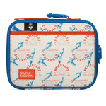 Blue and red-orange hard case with cream zipper pull and off-white accents. Bright royal blue forms the outer border with vibrant red-orange details.