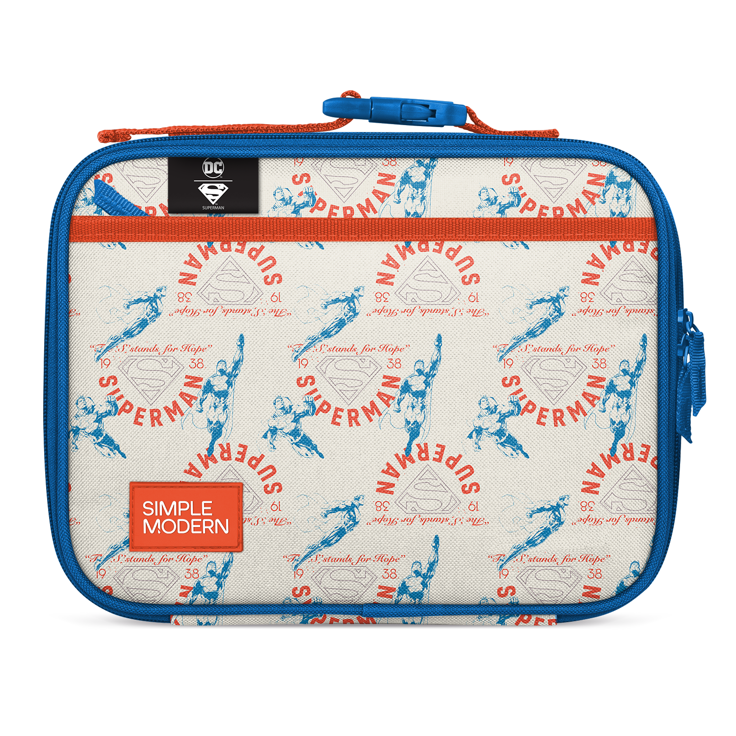 Blue and red-orange hard case with cream zipper pull and off-white accents. Bright royal blue forms the outer border with vibrant red-orange details.