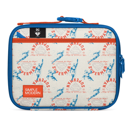 Blue and red-orange hard case with cream zipper pull and off-white accents. Bright royal blue forms the outer border with vibrant red-orange details.