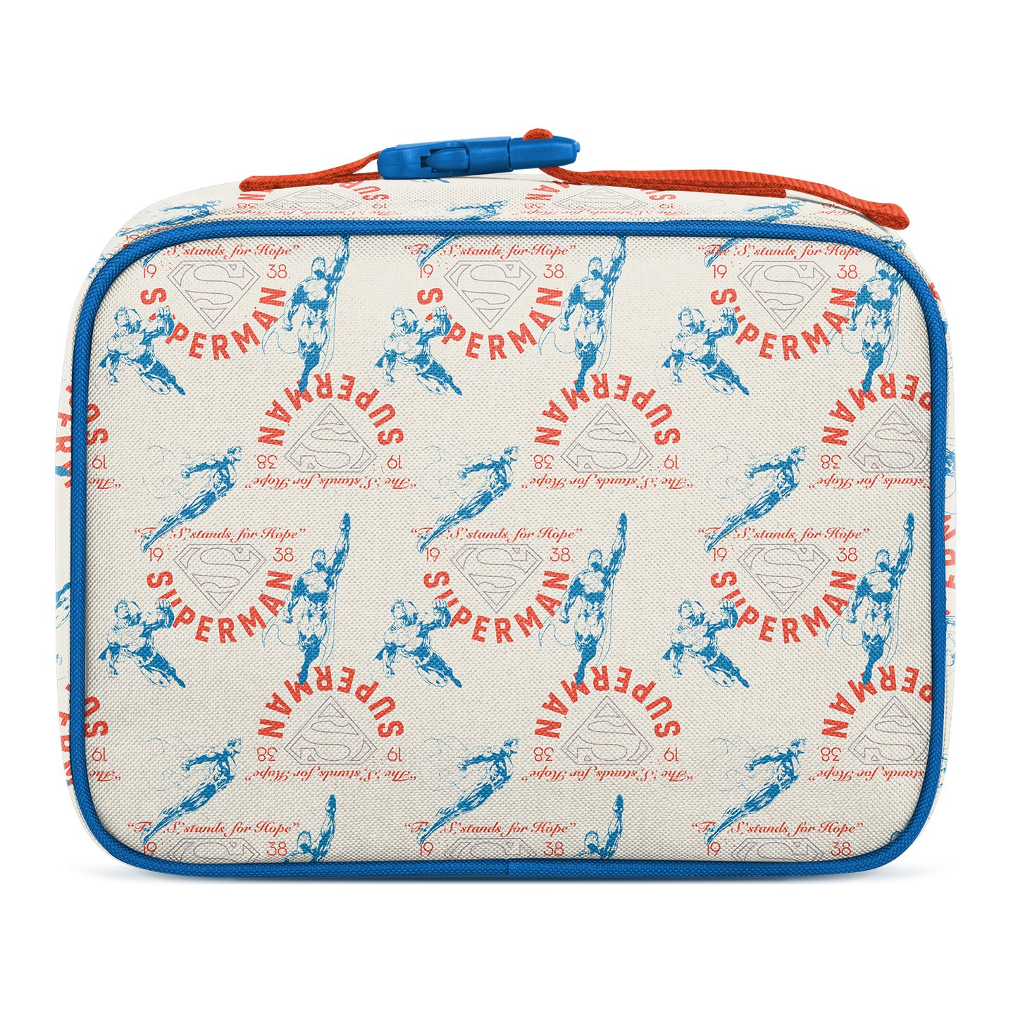 Cream lunch box with bright blue trim and zippers, featuring red and coral text and graphics