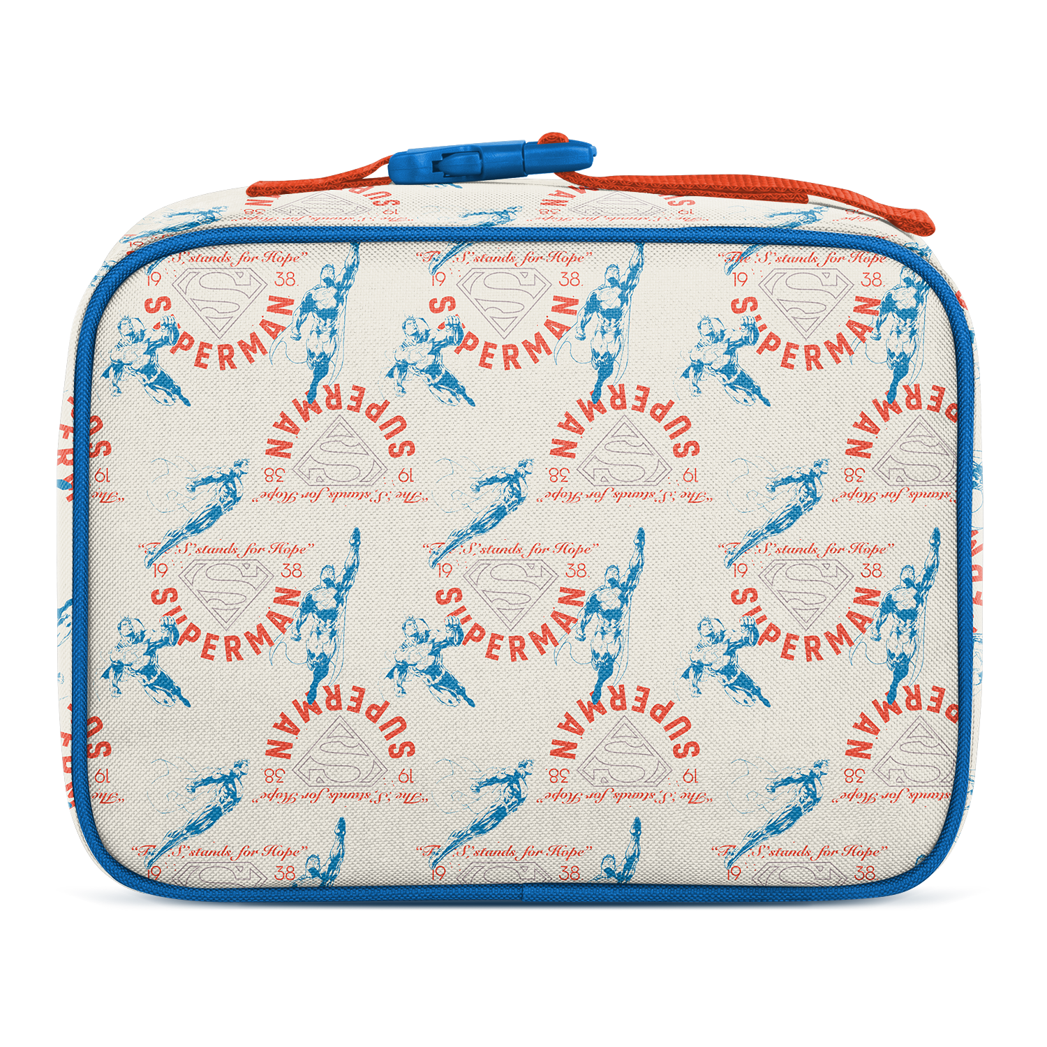 Cream lunch box with bright blue trim and zippers, featuring red and coral text and graphics