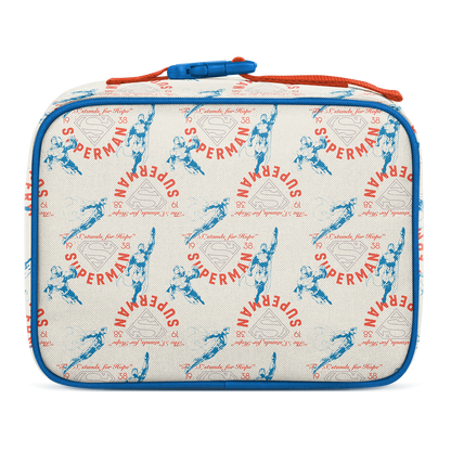 Cream lunch box with bright blue trim and zippers, featuring red and coral text and graphics