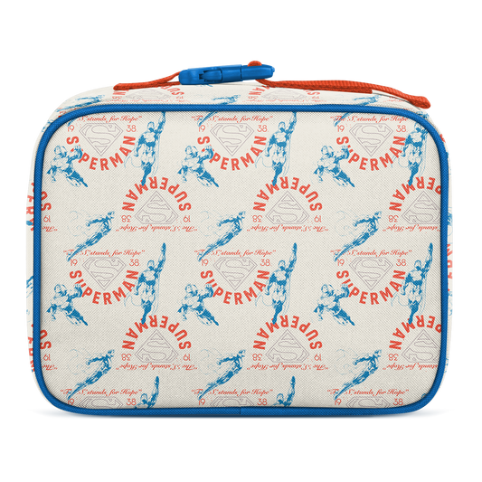 Cream lunch box with bright blue trim and zippers, featuring red and coral text and graphics