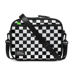 Black and white checkered crossbody bag with black trim, neon green accent tab, adjustable strap, and "Simple Modern" branding on white background.