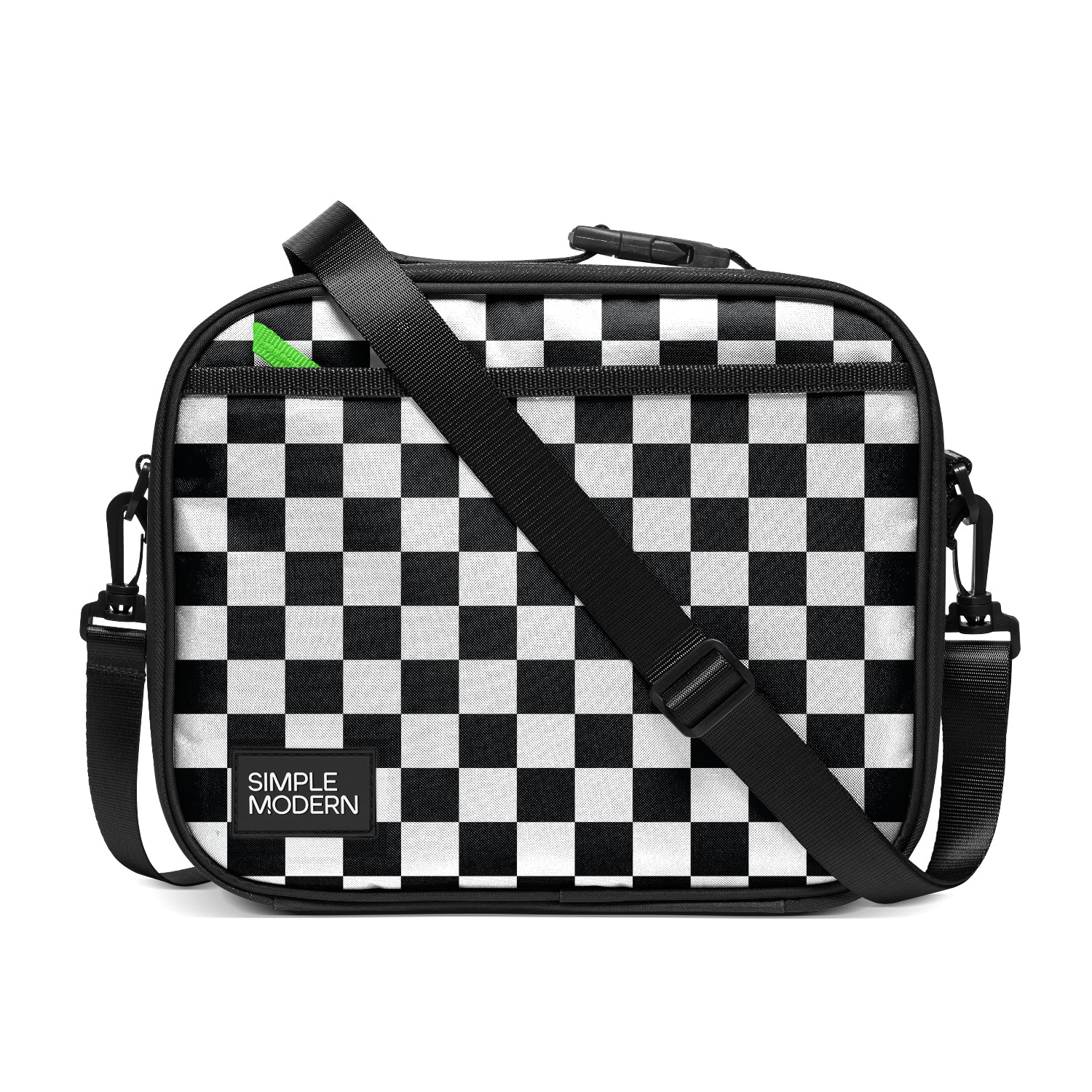 Black and white checkered crossbody bag with black trim, neon green accent tab, adjustable strap, and "Simple Modern" branding on white background.