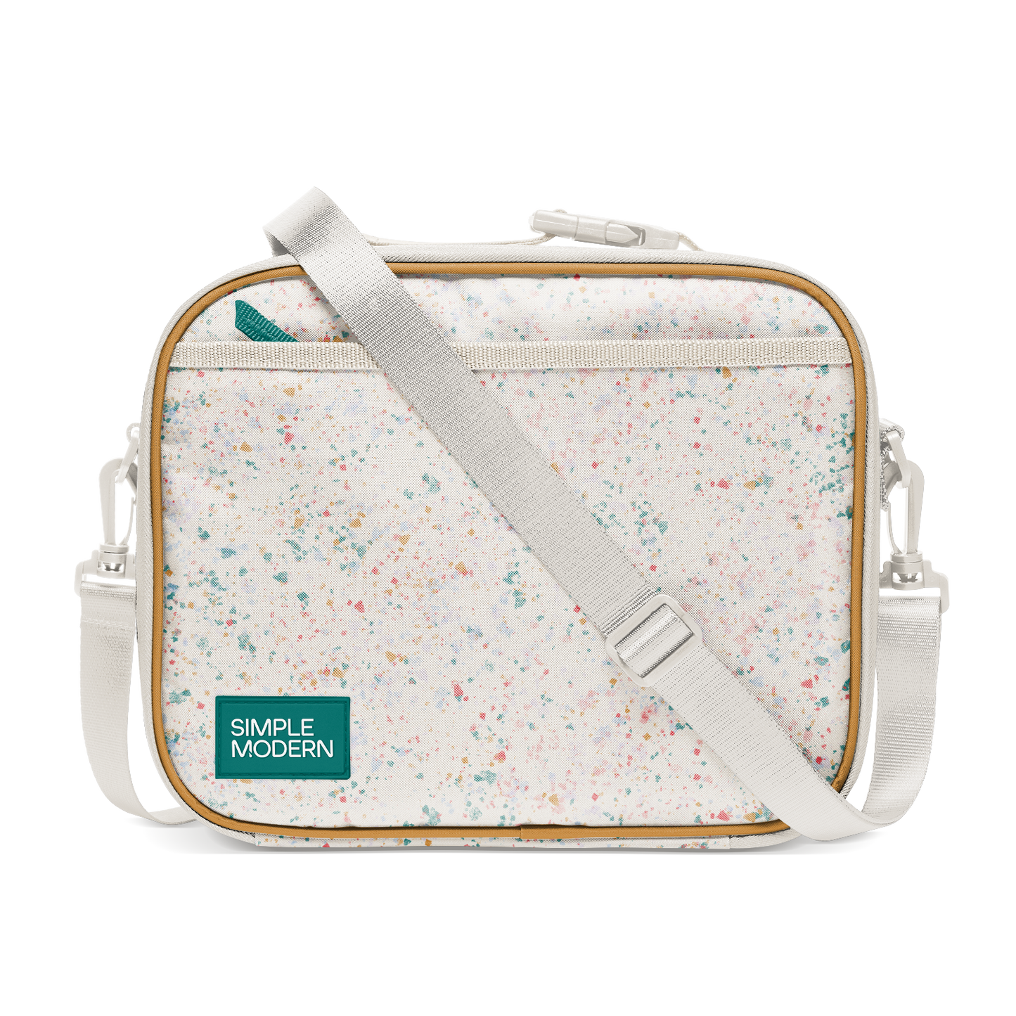 Cream colored canvas tote bag with multicolored speckled pattern in pink, coral, teal, turquoise, yellow-orange, and light blue throughout.