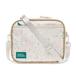 Cream colored canvas tote bag with multicolored speckled pattern in pink, coral, teal, turquoise, yellow-orange, and light blue throughout.
