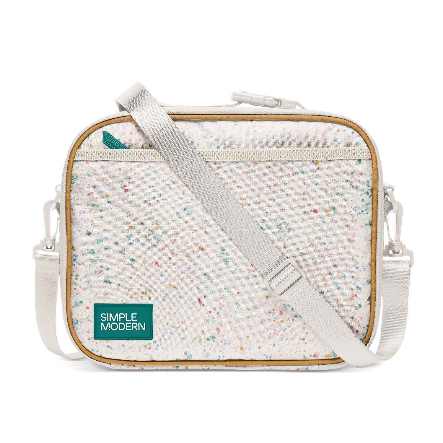 Cream colored canvas tote bag with multicolored speckled pattern in pink, coral, teal, turquoise, yellow-orange, and light blue throughout.