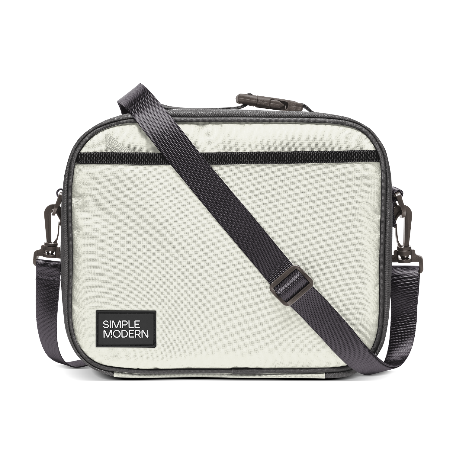 Light cream canvas tote bag with charcoal gray trim, black webbing straps, and dark hardware. Front view of structured handbag with contrasting accent details.