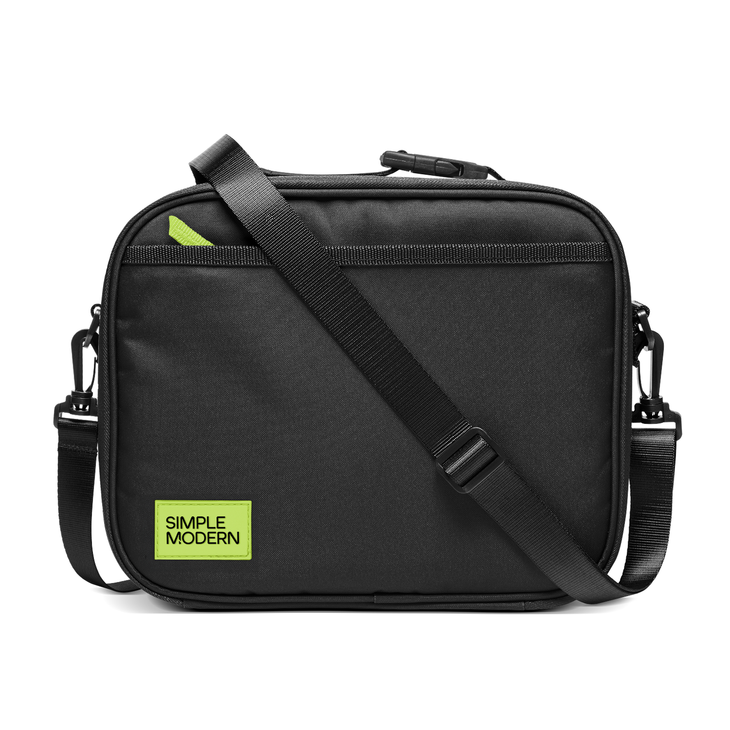 Black shoulder bag with neon yellow-green accent details and hardware