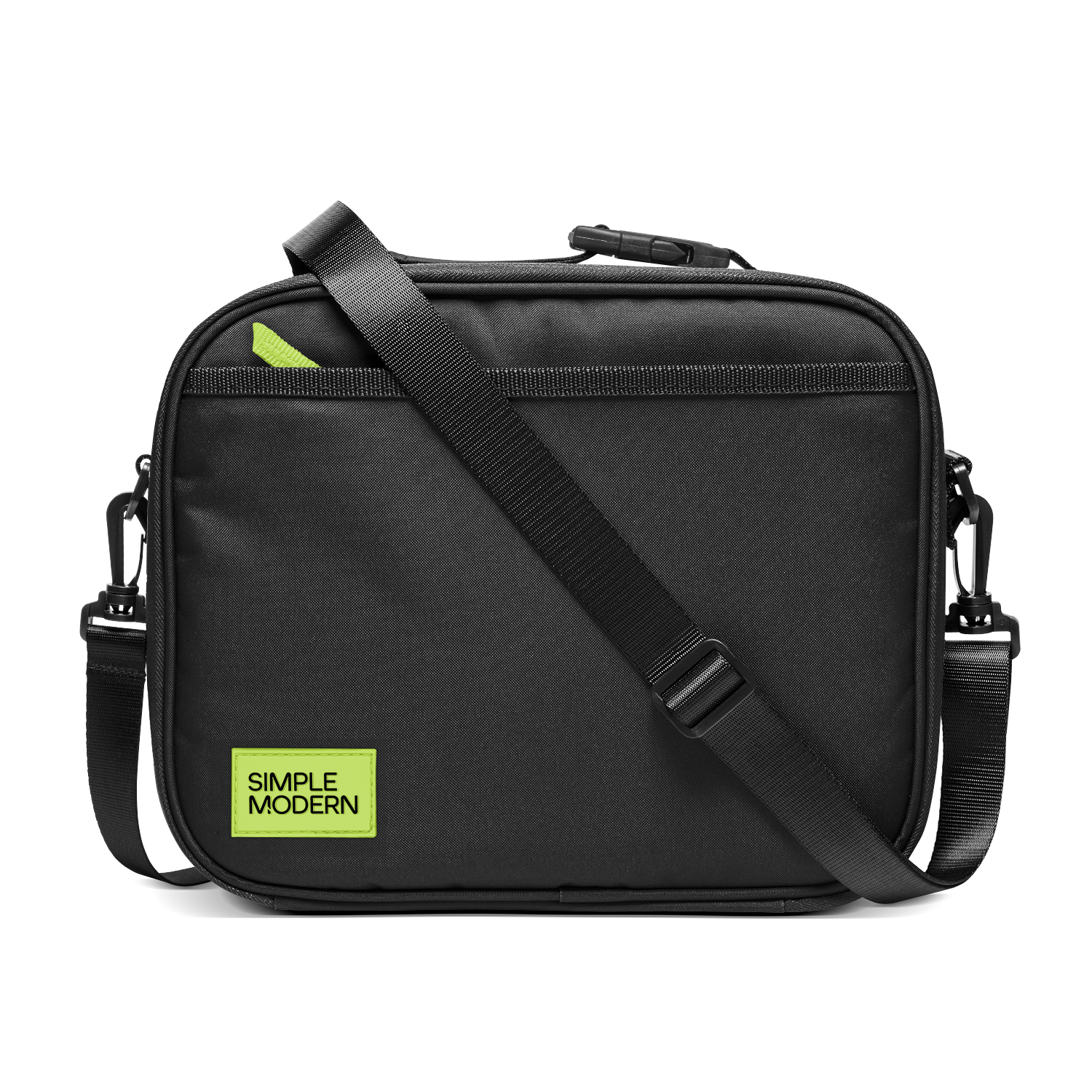 Black shoulder bag with neon yellow-green accent details and hardware