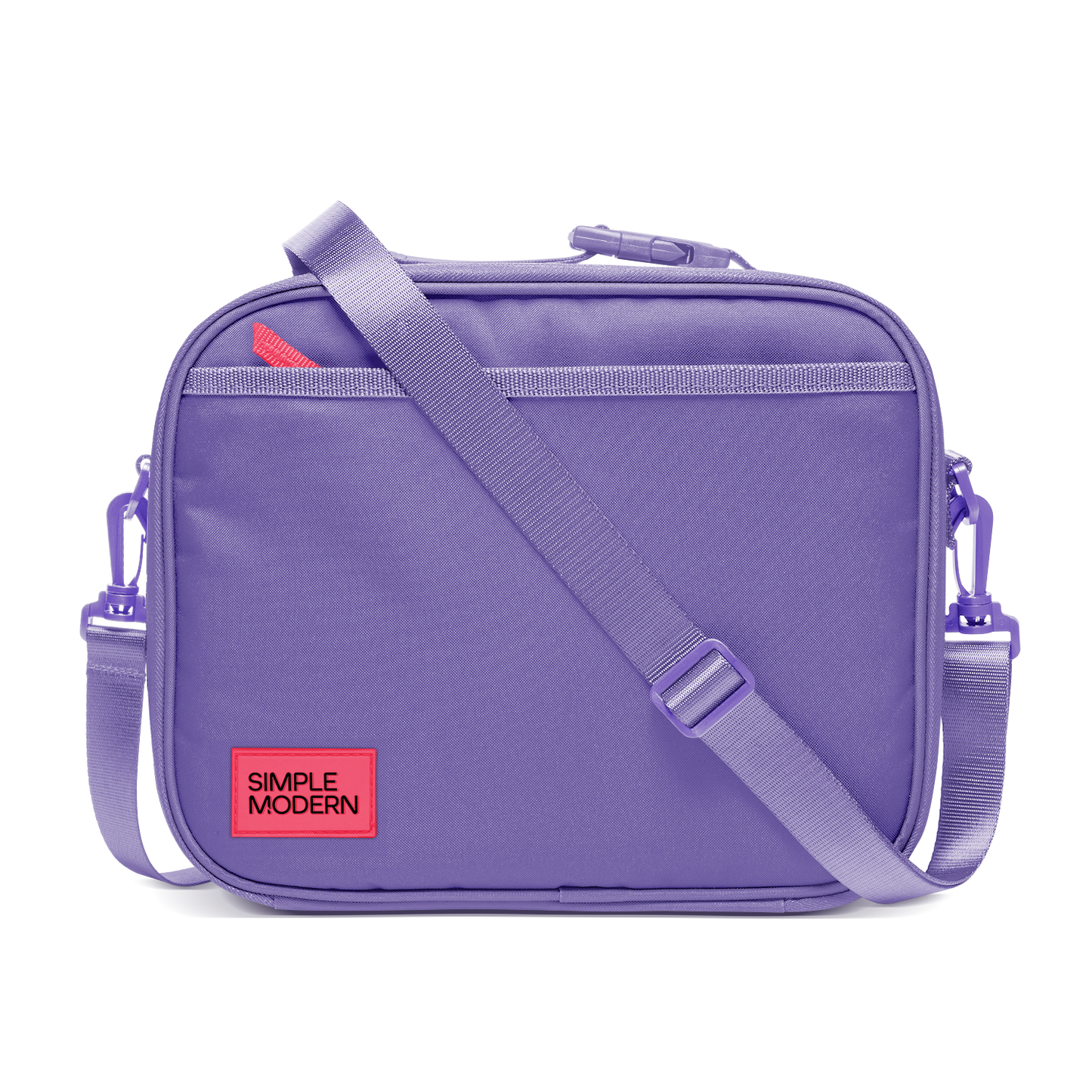 Purple backpack with light purple webbing straps and trim, featuring a bright neon red label detail