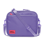 Purple backpack with light purple webbing straps and trim, featuring a bright neon red label detail