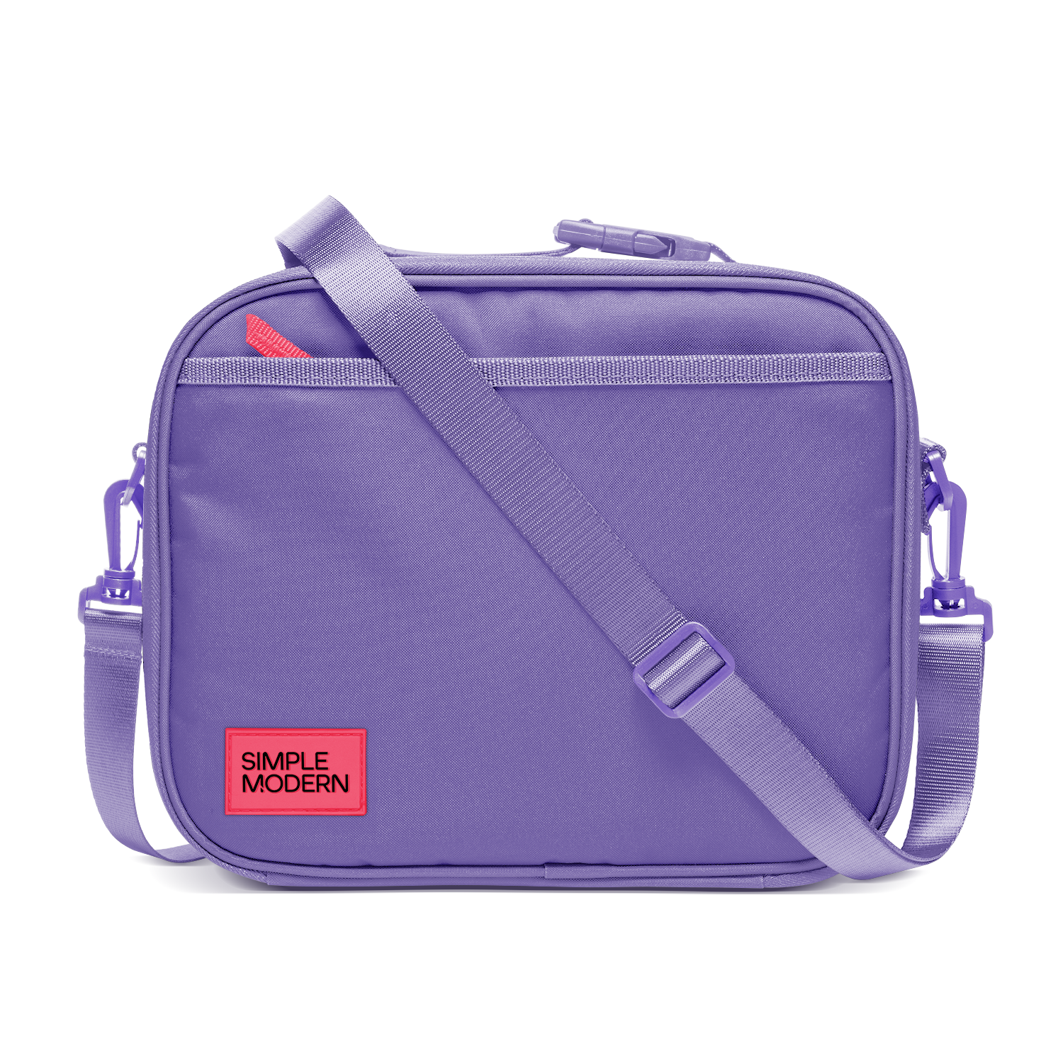Purple backpack with light purple webbing straps and trim, featuring a bright neon red label detail
