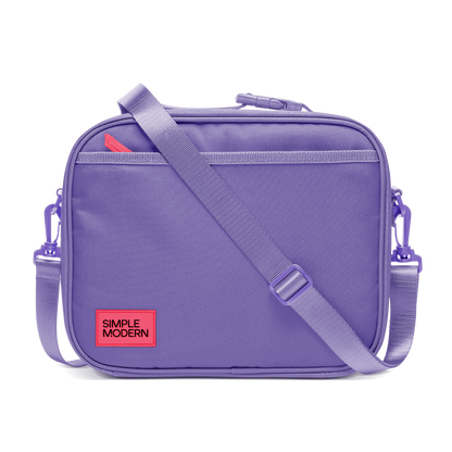 Purple backpack with light purple webbing straps and trim, featuring a bright neon red label detail