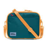 Deep teal canvas bag with apricot orange trim, piping, handles, and shoulder strap