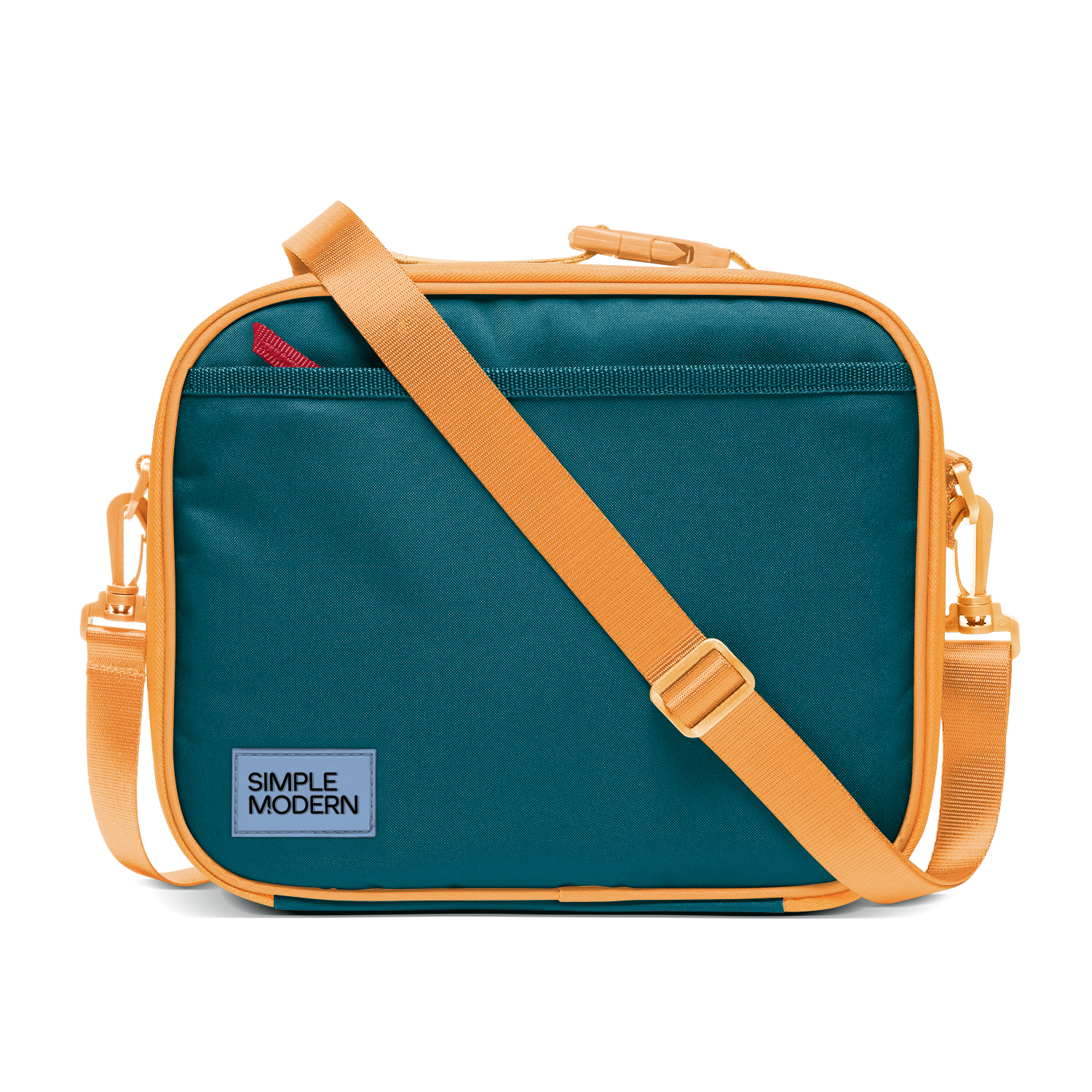 Deep teal canvas bag with apricot orange trim, piping, handles, and shoulder strap